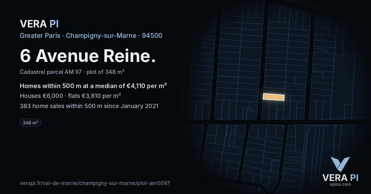 6 Avenue Reine, Champigny-sur-Marne at night – the plot lit, the parcels around coloured by the prices near them