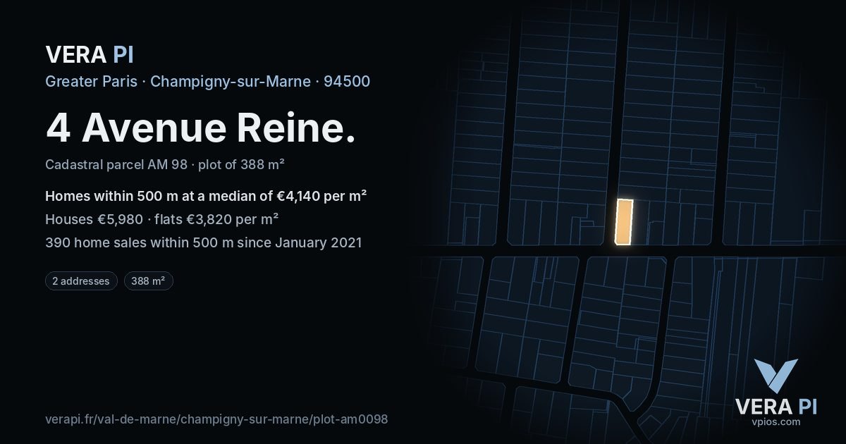 4 Avenue Reine, Champigny-sur-Marne at night – the plot lit, the parcels around coloured by the prices near them