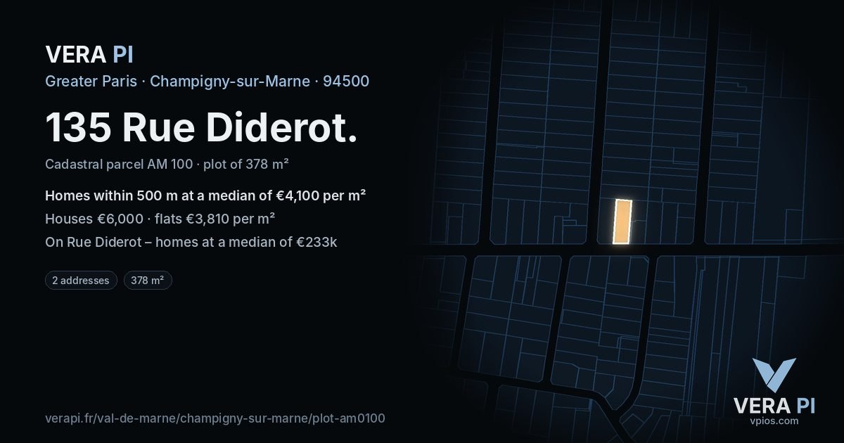 135 Rue Diderot, Champigny-sur-Marne at night – the plot lit, the parcels around coloured by the prices near them