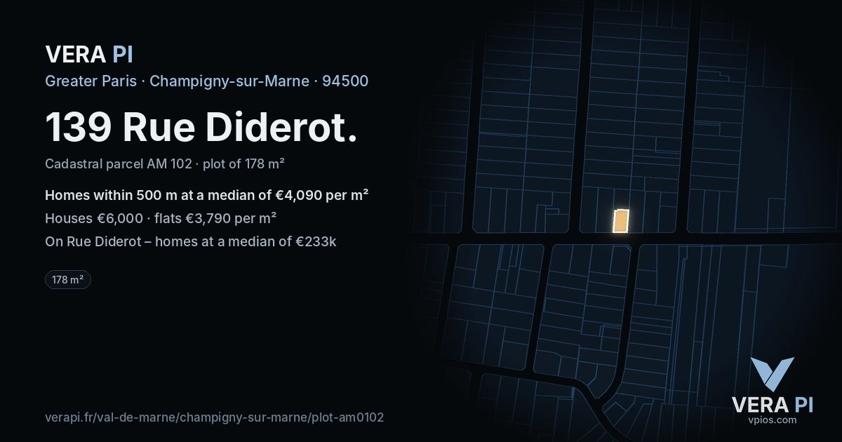 139 Rue Diderot, Champigny-sur-Marne at night – the plot lit, the parcels around coloured by the prices near them