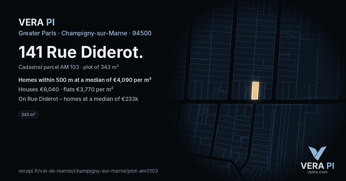 141 Rue Diderot, Champigny-sur-Marne at night – the plot lit, the parcels around coloured by the prices near them
