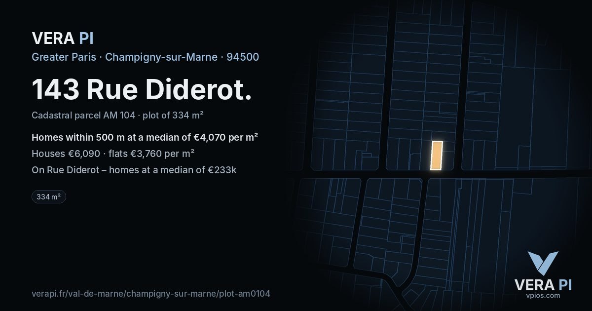 143 Rue Diderot, Champigny-sur-Marne at night – the plot lit, the parcels around coloured by the prices near them