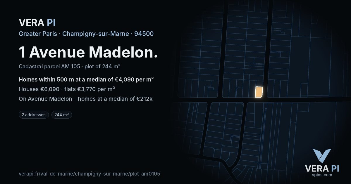 1 Avenue Madelon, Champigny-sur-Marne at night – the plot lit, the parcels around coloured by the prices near them