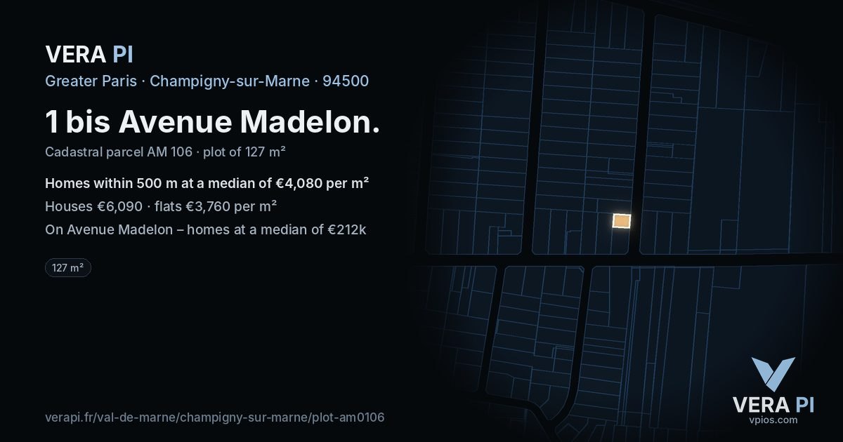 1 bis Avenue Madelon, Champigny-sur-Marne at night – the plot lit, the parcels around coloured by the prices near them