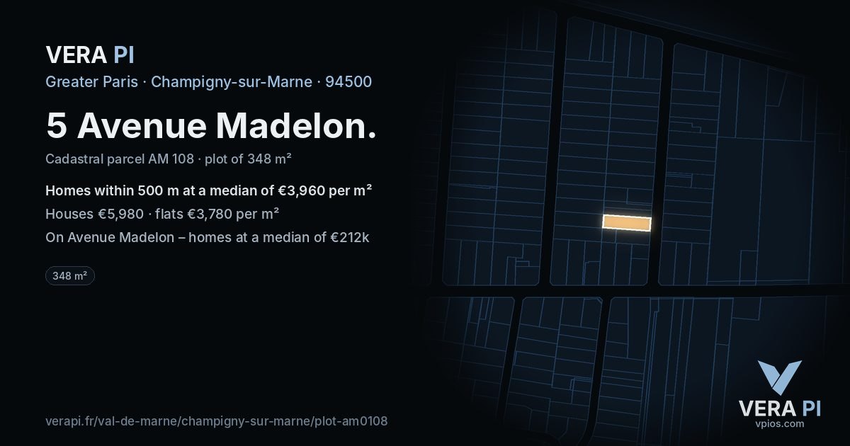 5 Avenue Madelon, Champigny-sur-Marne at night – the plot lit, the parcels around coloured by the prices near them