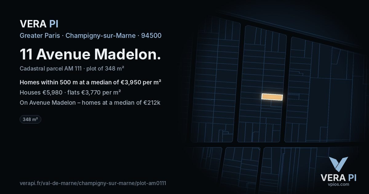 11 Avenue Madelon, Champigny-sur-Marne at night – the plot lit, the parcels around coloured by the prices near them