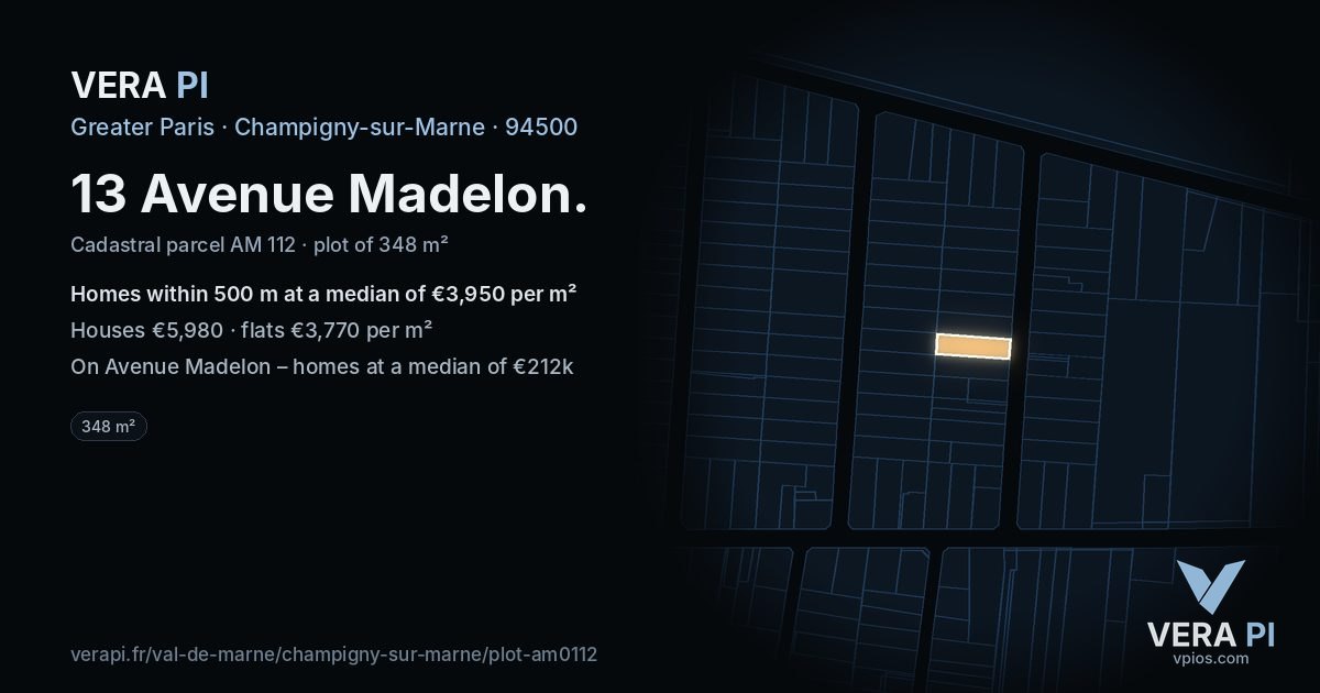 13 Avenue Madelon, Champigny-sur-Marne at night – the plot lit, the parcels around coloured by the prices near them