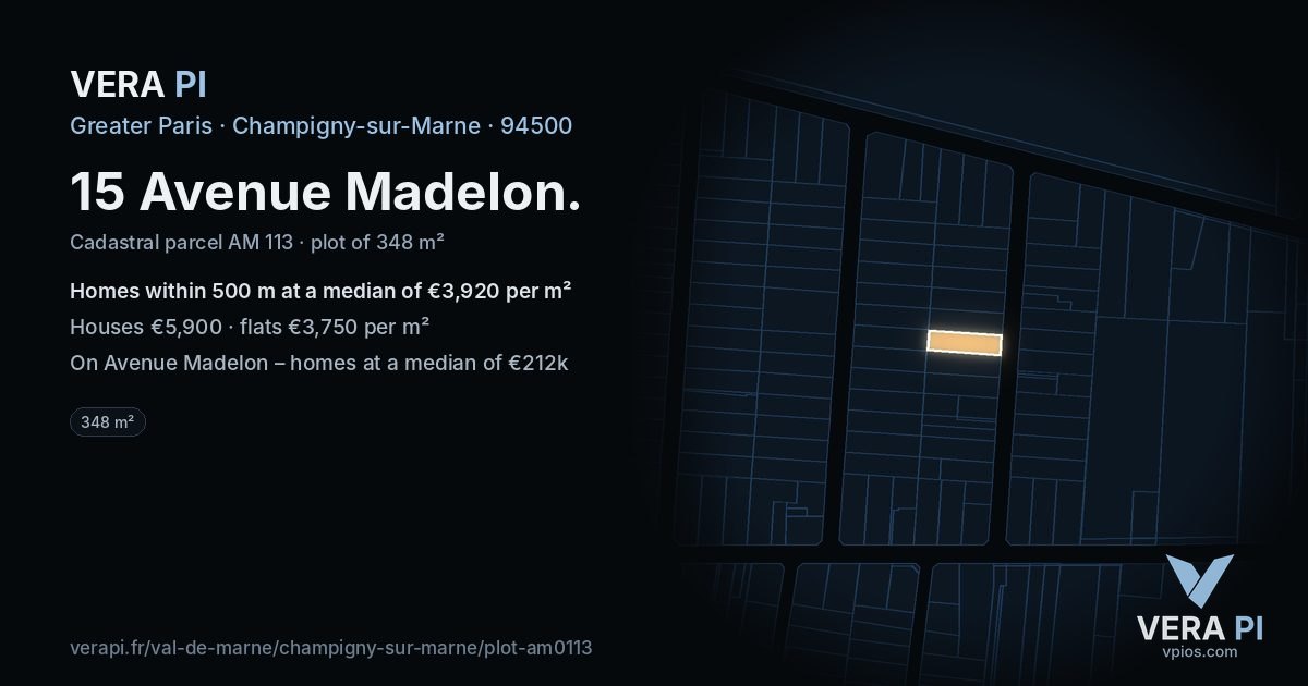 15 Avenue Madelon, Champigny-sur-Marne at night – the plot lit, the parcels around coloured by the prices near them