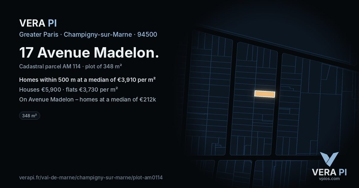 17 Avenue Madelon, Champigny-sur-Marne at night – the plot lit, the parcels around coloured by the prices near them