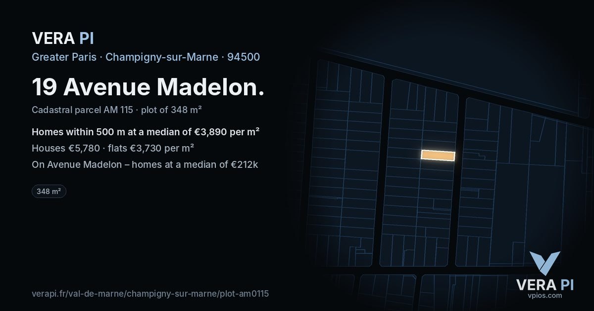 19 Avenue Madelon, Champigny-sur-Marne at night – the plot lit, the parcels around coloured by the prices near them