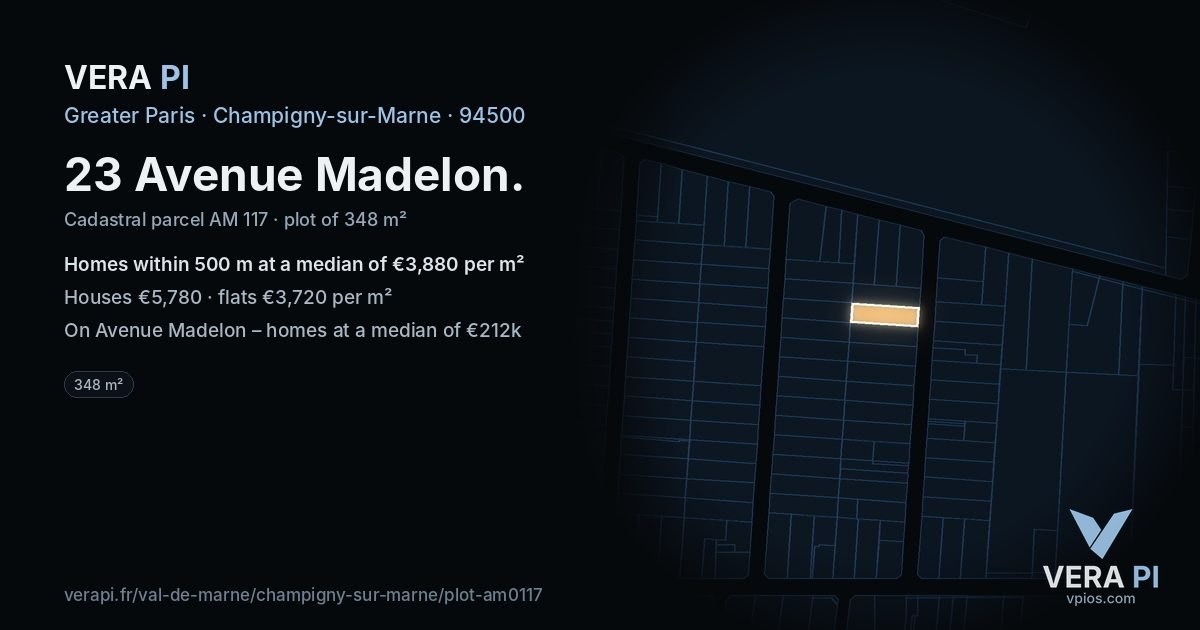 23 Avenue Madelon, Champigny-sur-Marne at night – the plot lit, the parcels around coloured by the prices near them