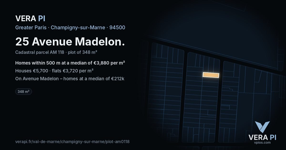 25 Avenue Madelon, Champigny-sur-Marne at night – the plot lit, the parcels around coloured by the prices near them