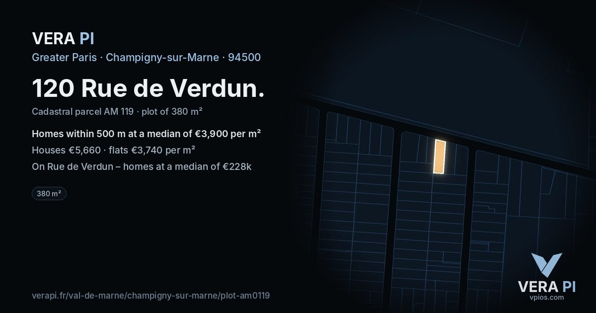 120 Rue de Verdun, Champigny-sur-Marne at night – the plot lit, the parcels around coloured by the prices near them