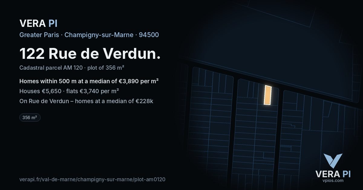 122 Rue de Verdun, Champigny-sur-Marne at night – the plot lit, the parcels around coloured by the prices near them