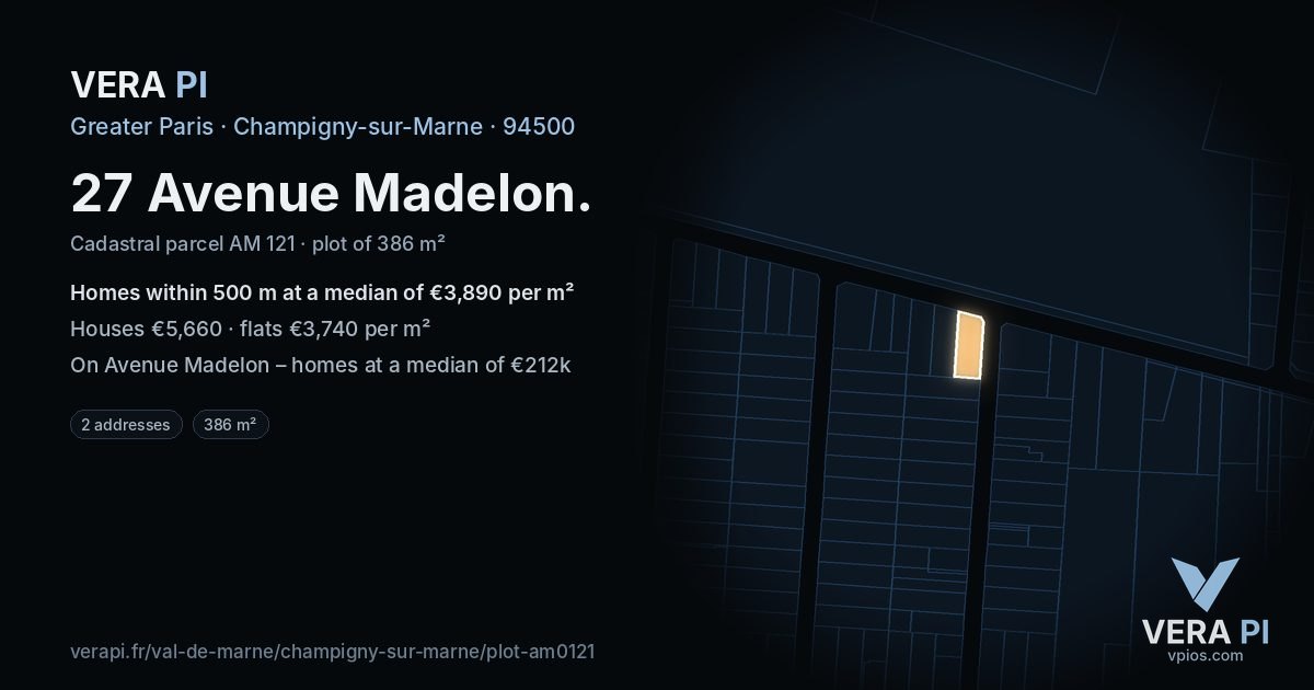 27 Avenue Madelon, Champigny-sur-Marne at night – the plot lit, the parcels around coloured by the prices near them