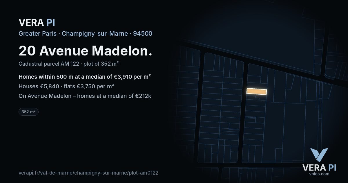 20 Avenue Madelon, Champigny-sur-Marne at night – the plot lit, the parcels around coloured by the prices near them