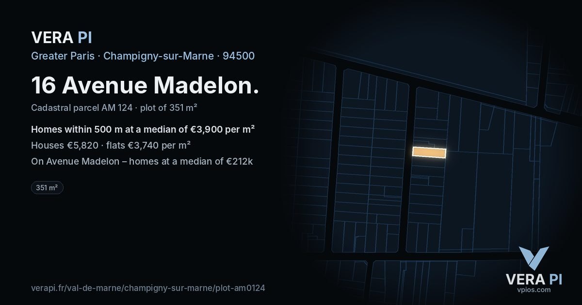 16 Avenue Madelon, Champigny-sur-Marne at night – the plot lit, the parcels around coloured by the prices near them