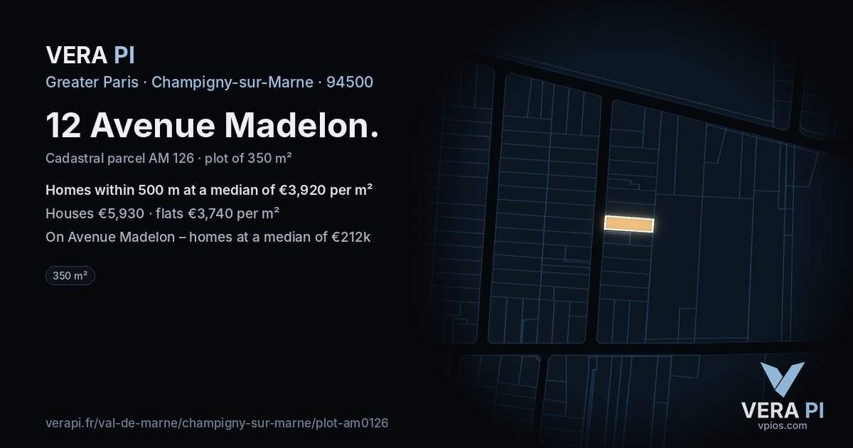 12 Avenue Madelon, Champigny-sur-Marne at night – the plot lit, the parcels around coloured by the prices near them