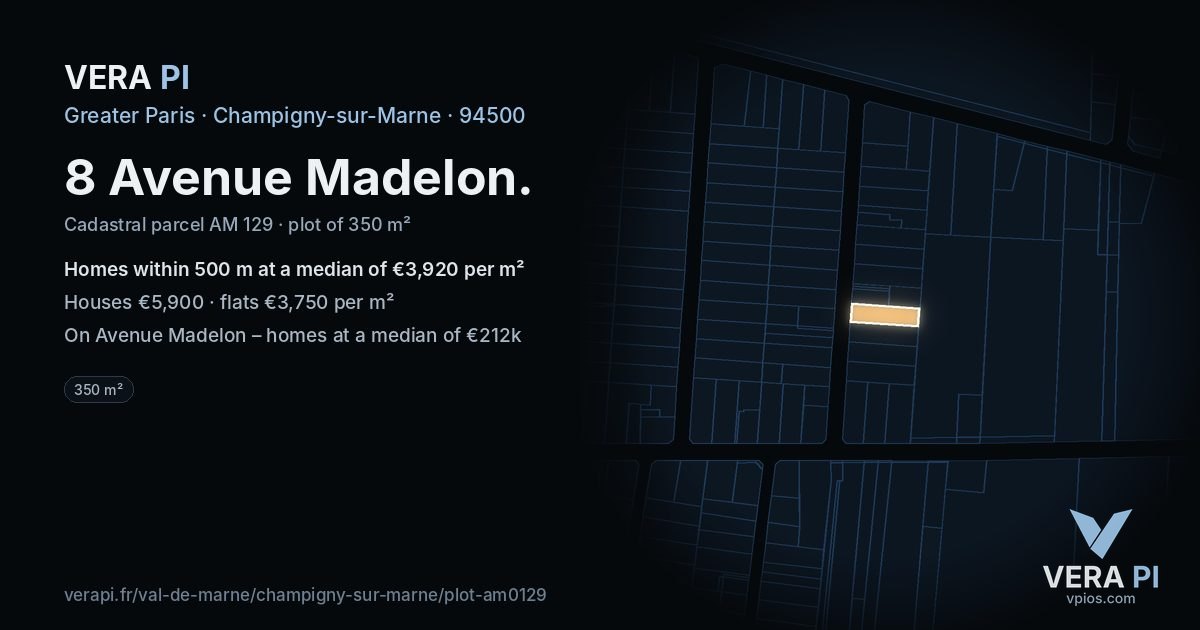 8 Avenue Madelon, Champigny-sur-Marne at night – the plot lit, the parcels around coloured by the prices near them