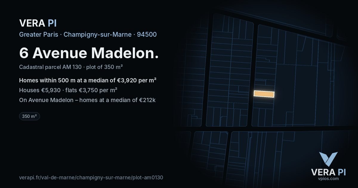 6 Avenue Madelon, Champigny-sur-Marne at night – the plot lit, the parcels around coloured by the prices near them
