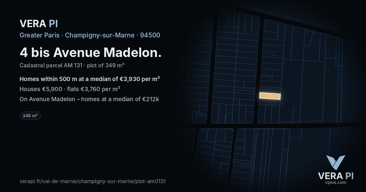 4 bis Avenue Madelon, Champigny-sur-Marne at night – the plot lit, the parcels around coloured by the prices near them