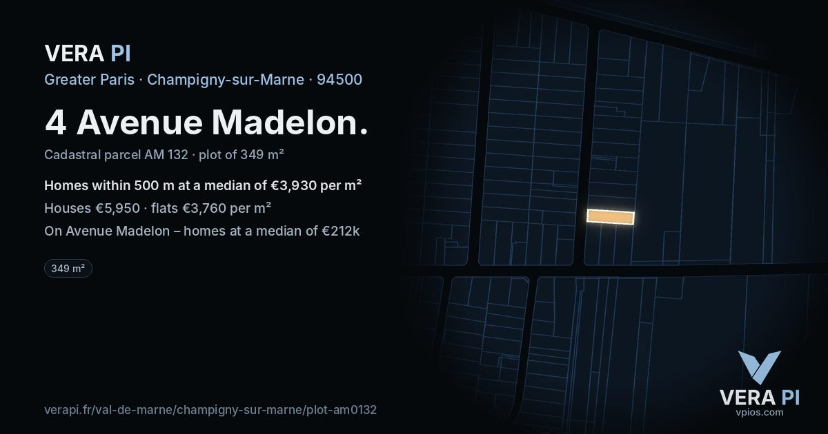 4 Avenue Madelon, Champigny-sur-Marne at night – the plot lit, the parcels around coloured by the prices near them