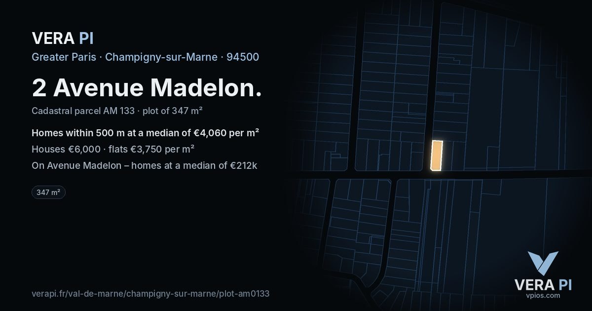 2 Avenue Madelon, Champigny-sur-Marne at night – the plot lit, the parcels around coloured by the prices near them