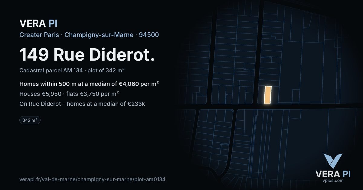 149 Rue Diderot, Champigny-sur-Marne at night – the plot lit, the parcels around coloured by the prices near them