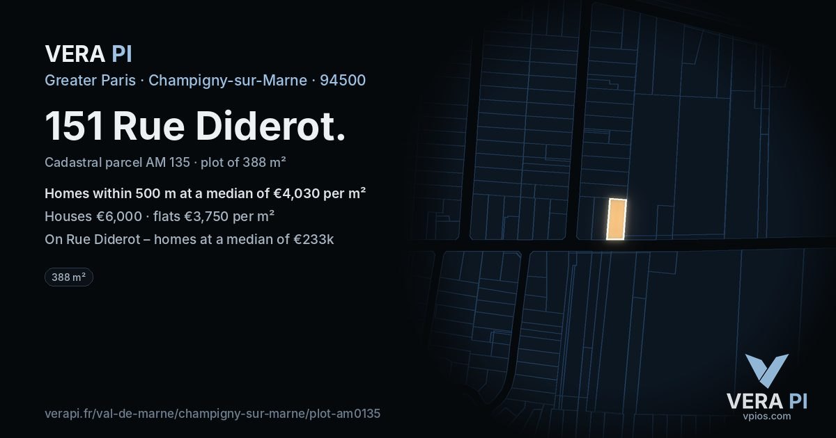151 Rue Diderot, Champigny-sur-Marne at night – the plot lit, the parcels around coloured by the prices near them