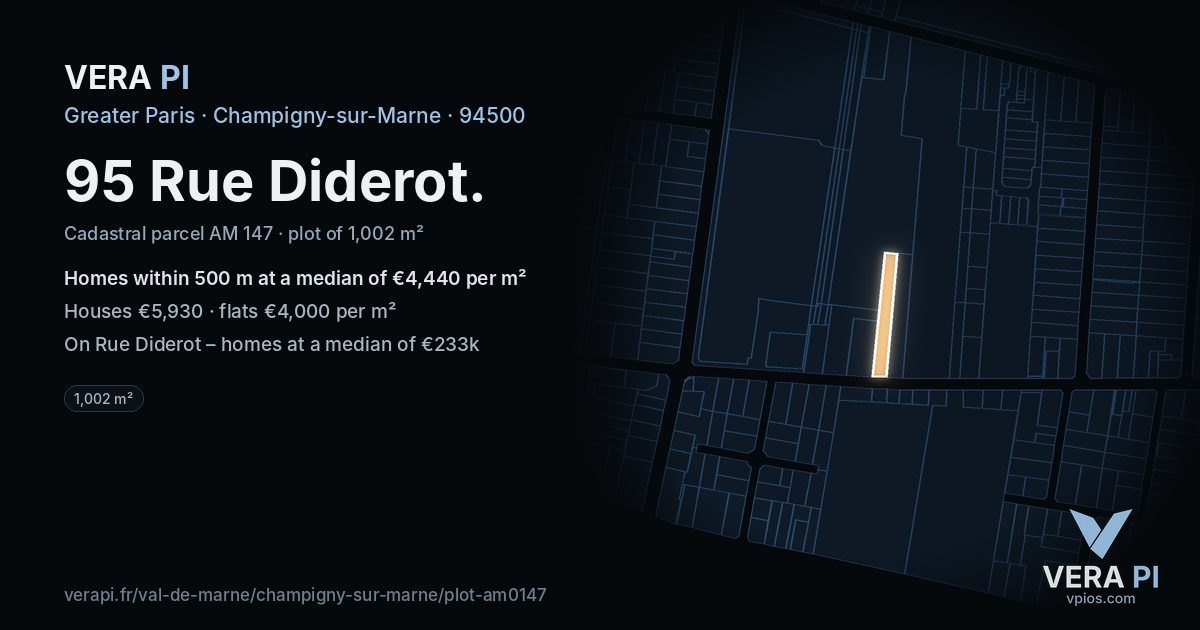 95 Rue Diderot, Champigny-sur-Marne at night – the plot lit, the parcels around coloured by the prices near them