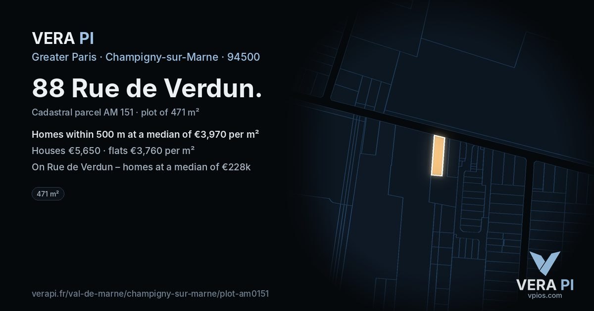 88 Rue de Verdun, Champigny-sur-Marne at night – the plot lit, the parcels around coloured by the prices near them