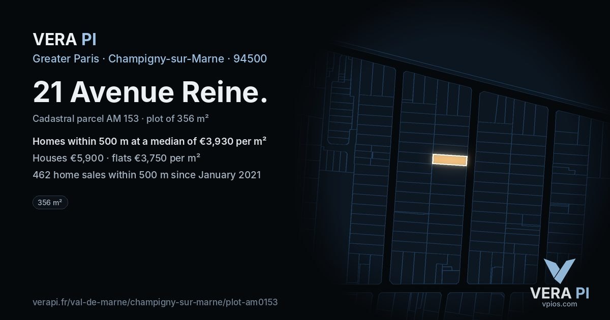 21 Avenue Reine, Champigny-sur-Marne at night – the plot lit, the parcels around coloured by the prices near them