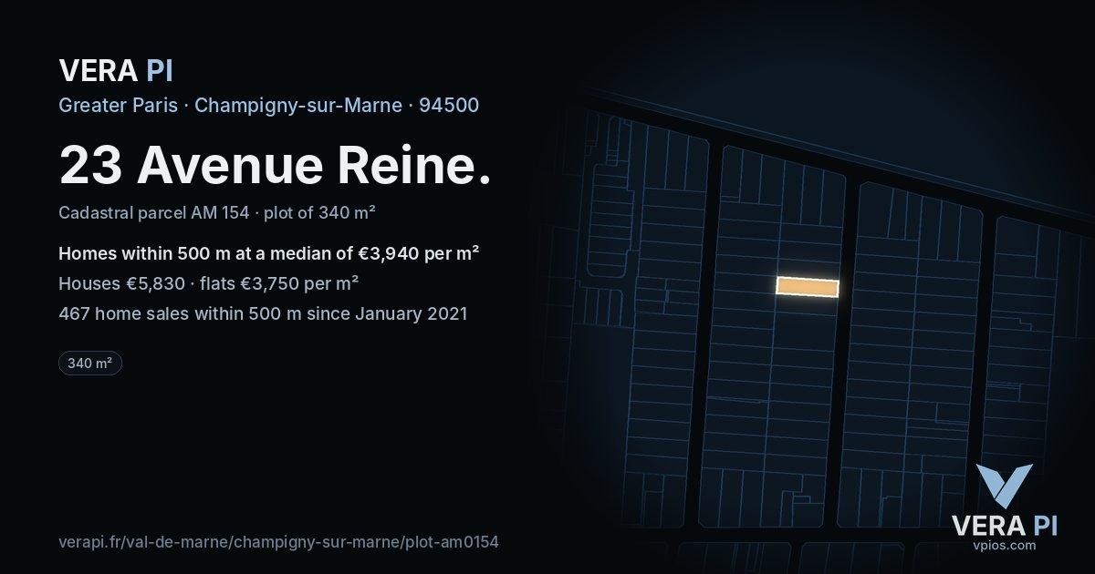 23 Avenue Reine, Champigny-sur-Marne at night – the plot lit, the parcels around coloured by the prices near them