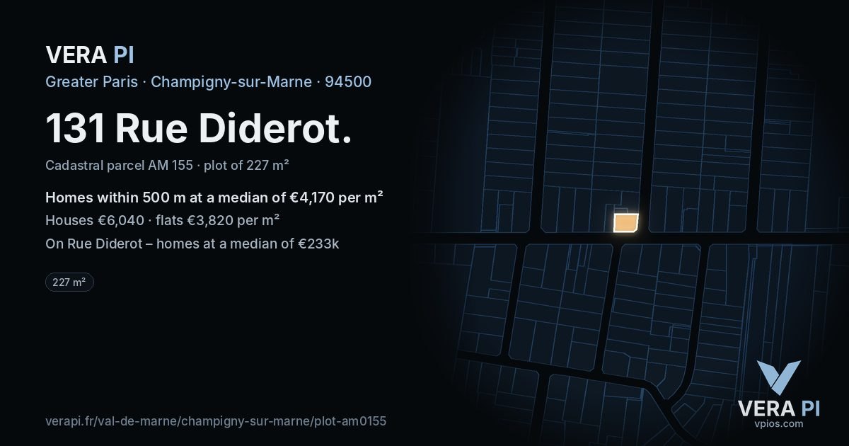 131 Rue Diderot, Champigny-sur-Marne at night – the plot lit, the parcels around coloured by the prices near them
