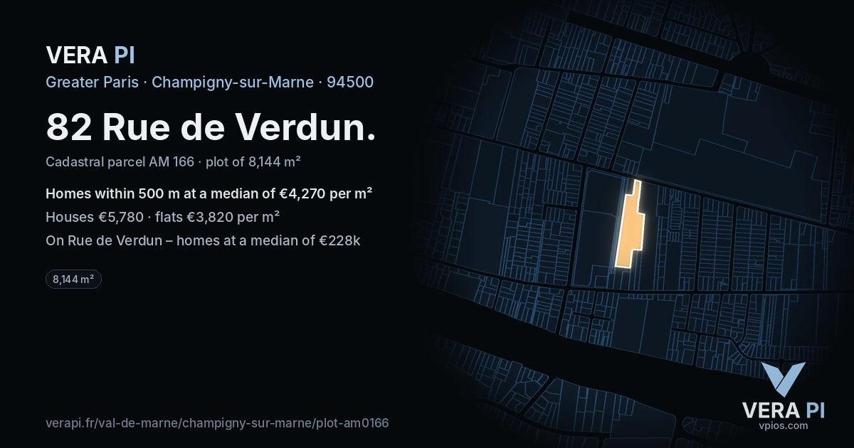82 Rue de Verdun, Champigny-sur-Marne at night – the plot lit, the parcels around coloured by the prices near them