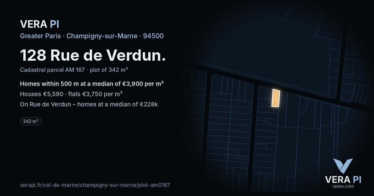 128 Rue de Verdun, Champigny-sur-Marne at night – the plot lit, the parcels around coloured by the prices near them