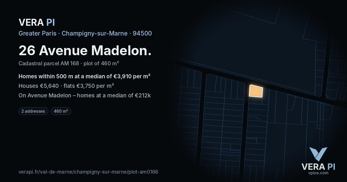 26 Avenue Madelon, Champigny-sur-Marne at night – the plot lit, the parcels around coloured by the prices near them