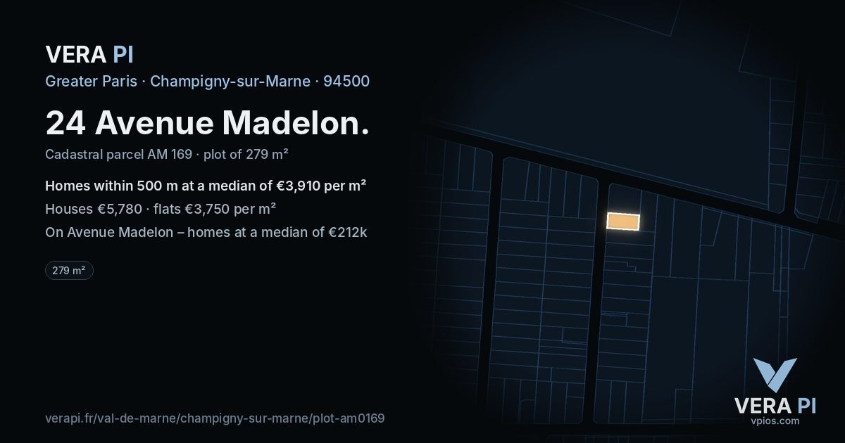 24 Avenue Madelon, Champigny-sur-Marne at night – the plot lit, the parcels around coloured by the prices near them