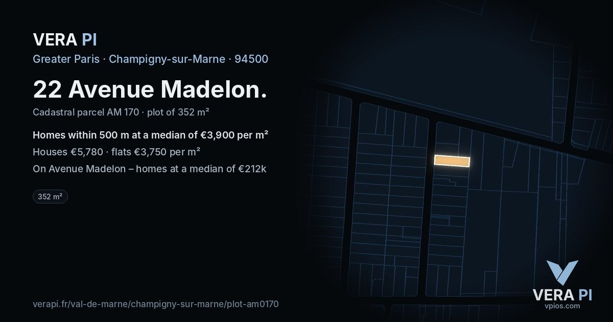 22 Avenue Madelon, Champigny-sur-Marne at night – the plot lit, the parcels around coloured by the prices near them