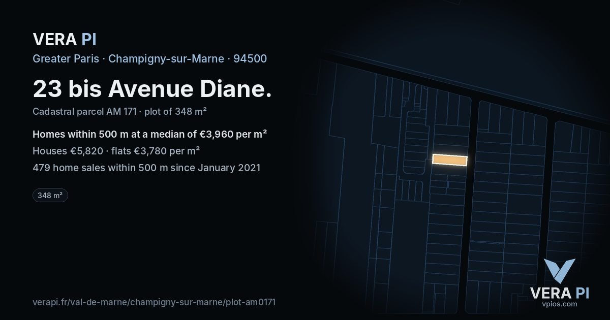 23 bis Avenue Diane, Champigny-sur-Marne at night – the plot lit, the parcels around coloured by the prices near them