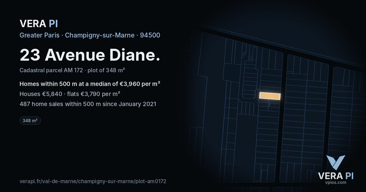 23 Avenue Diane, Champigny-sur-Marne at night – the plot lit, the parcels around coloured by the prices near them