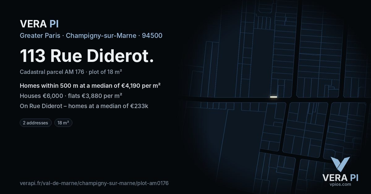 113 Rue Diderot, Champigny-sur-Marne at night – the plot lit, the parcels around coloured by the prices near them