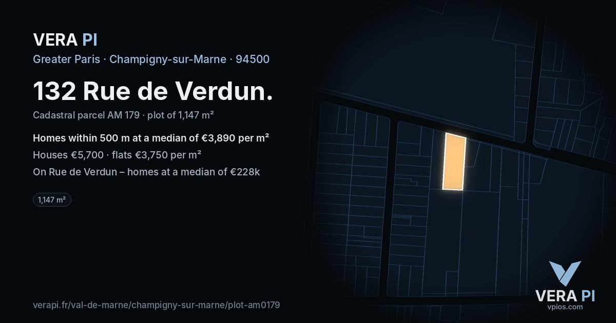 132 Rue de Verdun, Champigny-sur-Marne at night – the plot lit, the parcels around coloured by the prices near them