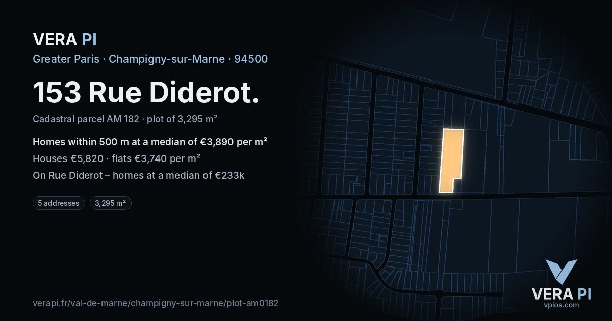 153 Rue Diderot, Champigny-sur-Marne at night – the plot lit, the parcels around coloured by the prices near them