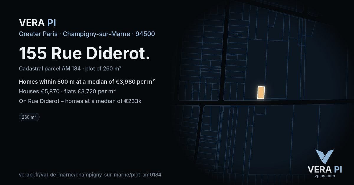 155 Rue Diderot, Champigny-sur-Marne at night – the plot lit, the parcels around coloured by the prices near them