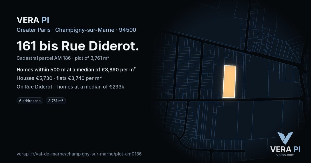 161 bis Rue Diderot, Champigny-sur-Marne at night – the plot lit, the parcels around coloured by the prices near them