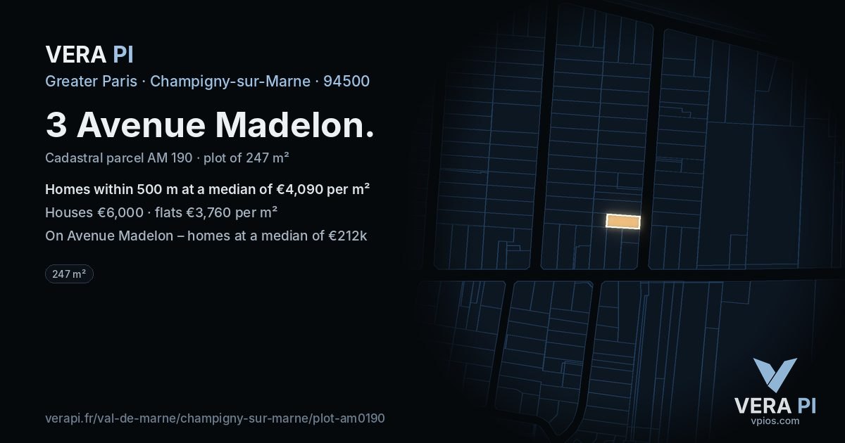 3 Avenue Madelon, Champigny-sur-Marne at night – the plot lit, the parcels around coloured by the prices near them