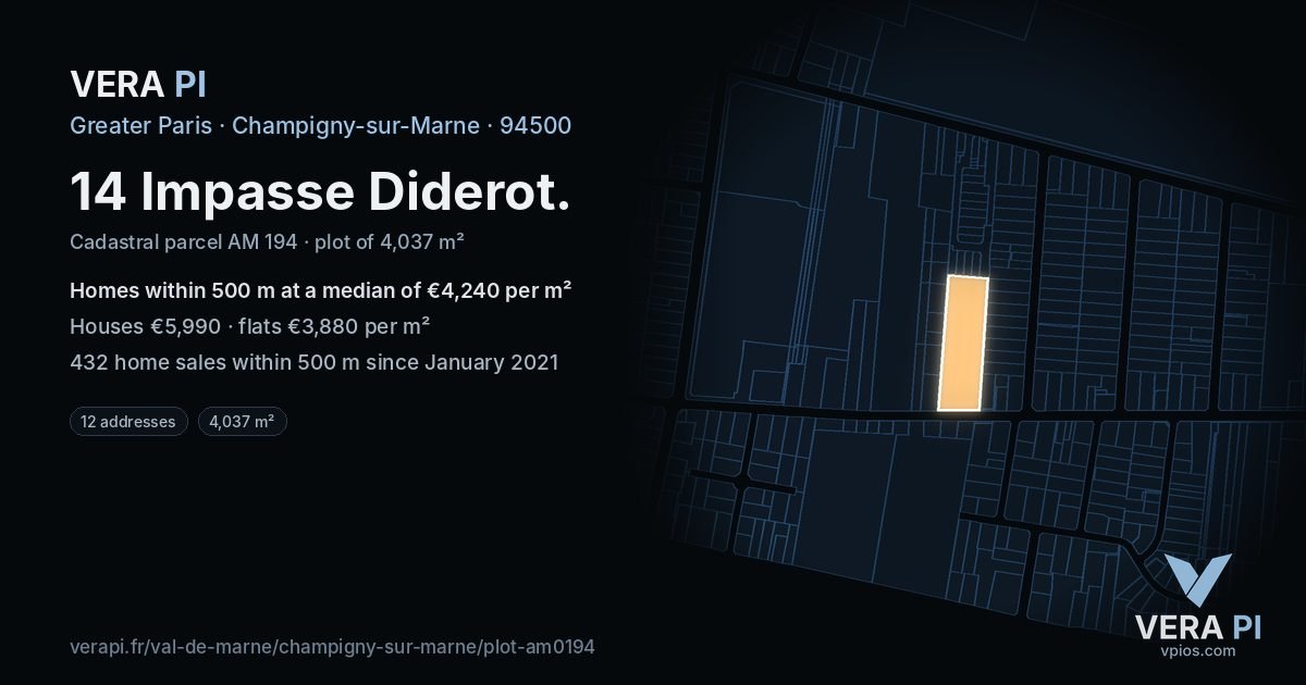 14 Impasse Diderot, Champigny-sur-Marne at night – the plot lit, the parcels around coloured by the prices near them