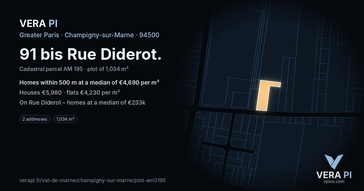 91 bis Rue Diderot, Champigny-sur-Marne at night – the plot lit, the parcels around coloured by the prices near them