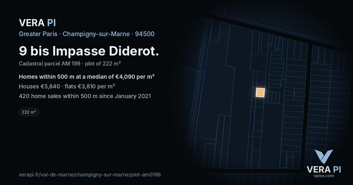 9 bis Impasse Diderot, Champigny-sur-Marne at night – the plot lit, the parcels around coloured by the prices near them